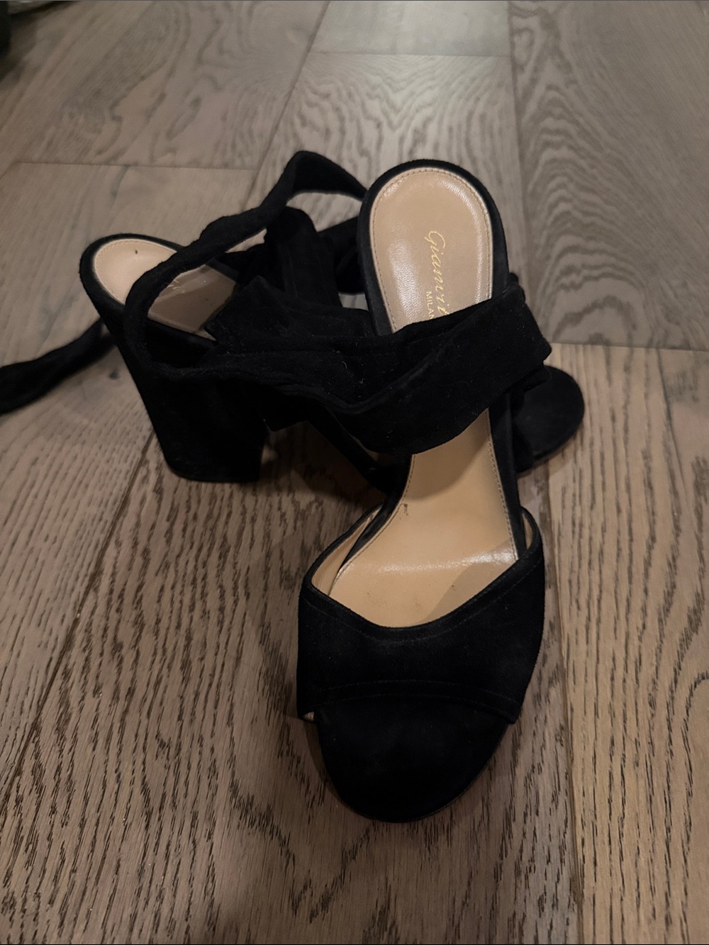 Gianvito Rossi Black Suede Block Heel Sandals with Wrap Lace